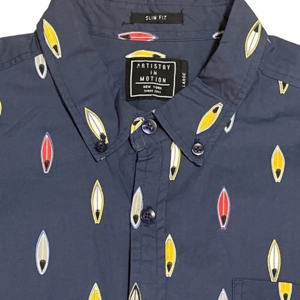 Artistry In Motion Button‎ Up Blue Surfboard Print Short Sleeve Men’s Large